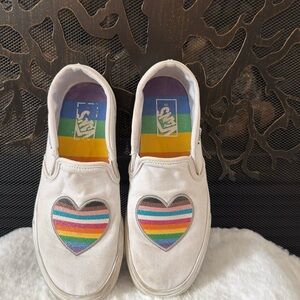 Vans White Slip-On Sneakers with Rainbow Heart